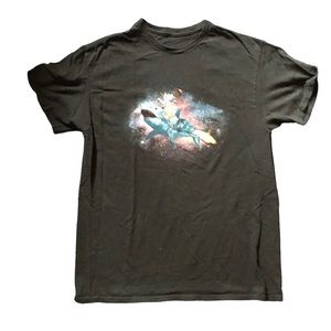 Cat Riding A Motorcycle Shark Shirt Mens Medium Black Laser Kitty Outer Space XL